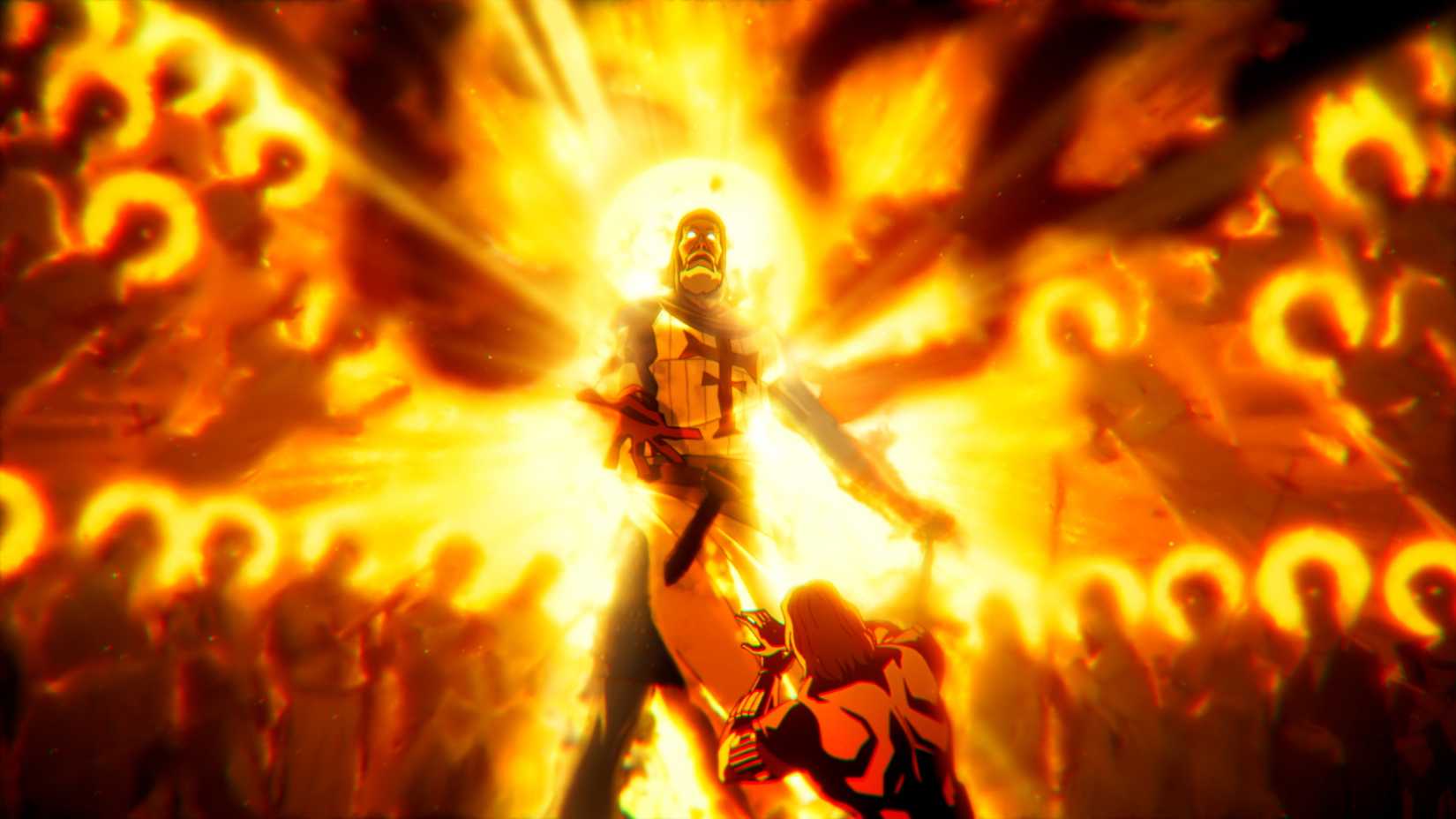 Azrael kneels before a vision o the Knights Templar in Batman Knightfall