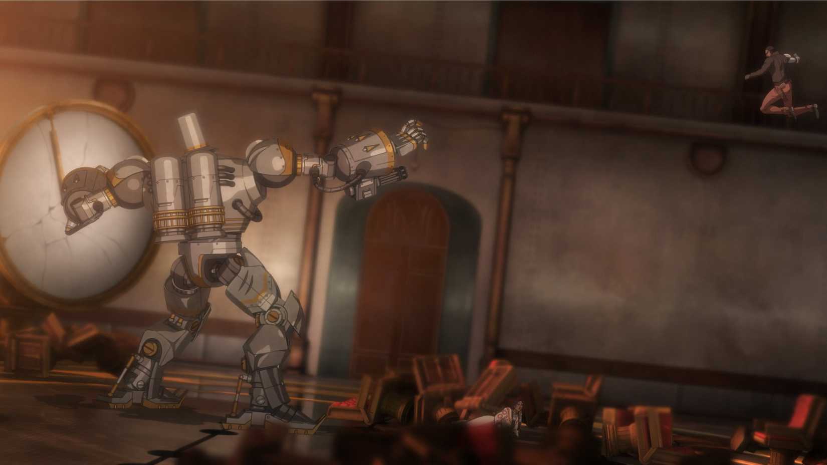 Bass Reeve jumps at a giant robot holding a shield in Bass X Machina