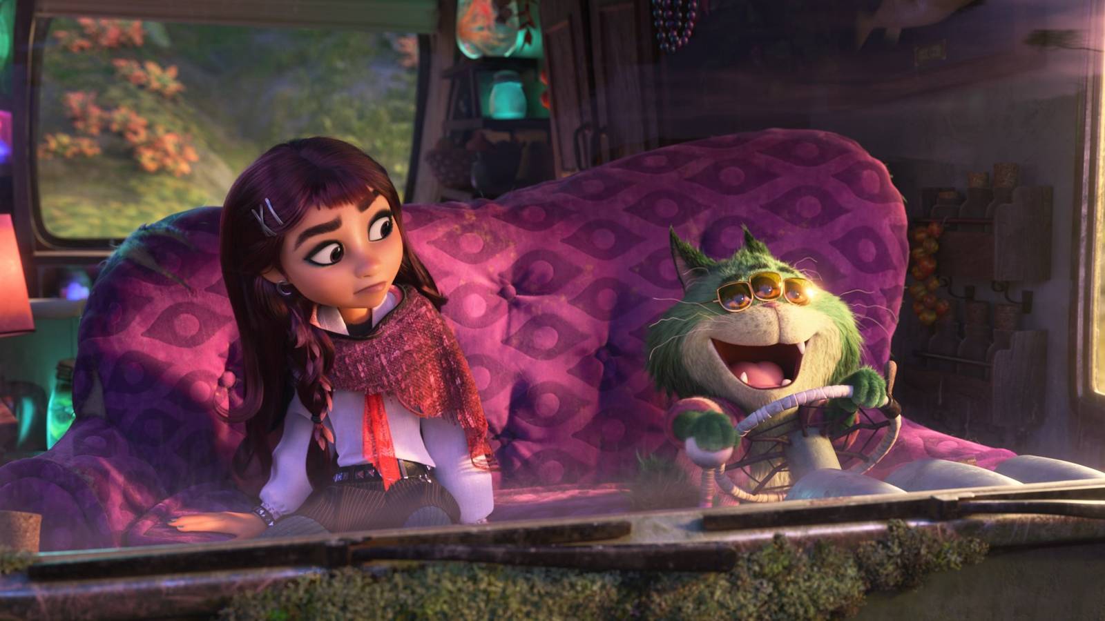 Billie sits next to Beef while he drives his trailer in Hexed