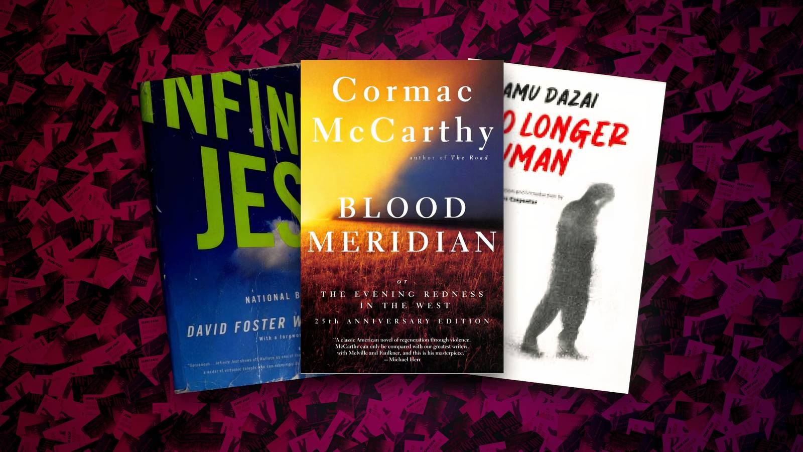 5 классических книг, которые не стоит адаптировать для кино Обложки книг Дом листьев, Кровавый меридиан, Бесконечная шутка, Исповедь неполноценного человека и Радуга тяготения