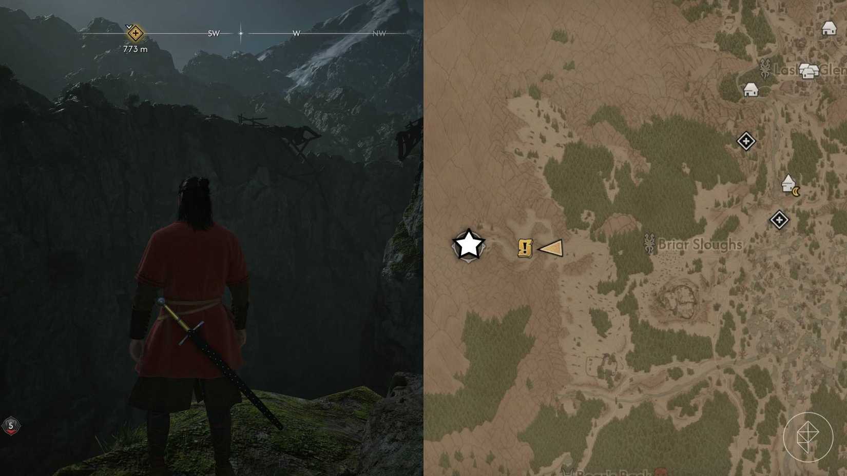 The left-hand side of the image shows Coen standing by a broken bridge in The Blood of Dawnwalker while the right-hand side shows the location of the secret ending marked on the in-game map with a star.