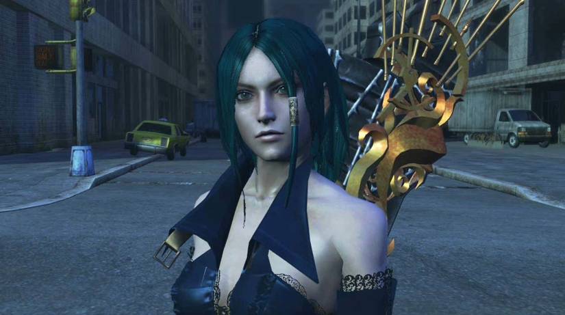 Bullet Witch screenshot - closeup of Alicia facing the screen with an urban street background