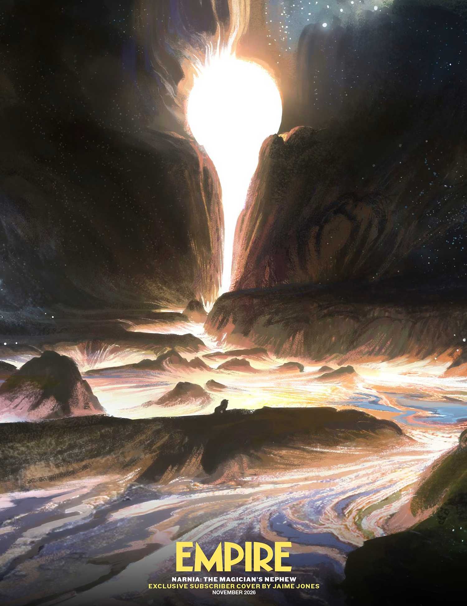 A dramatic, zoomed out illustration of Aslan creating Narnia