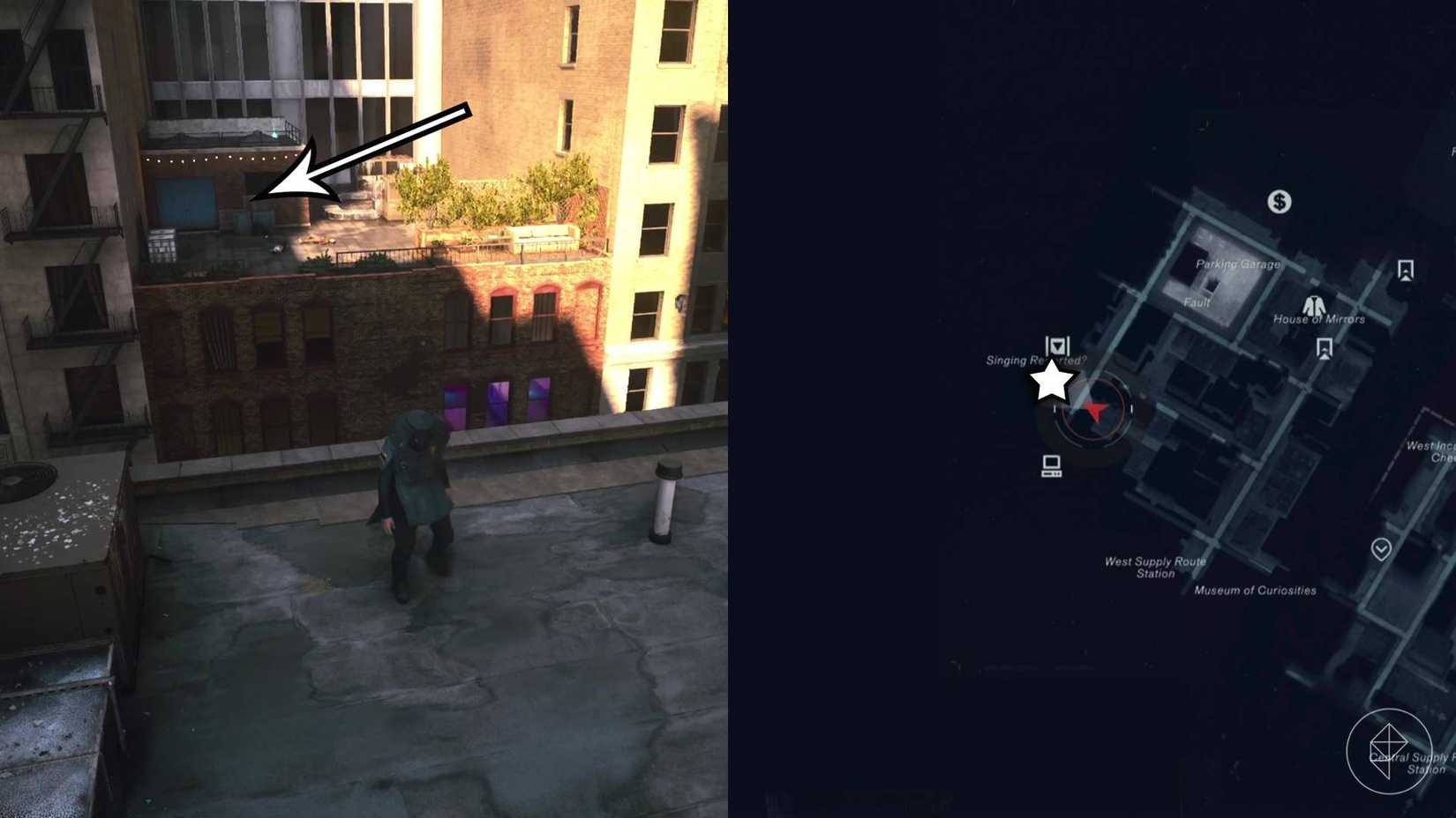 The left-hand side of the image shows Dylan in-game with an arrow pointing at the doorway that leads to the karaoke party while the right-hand side of the image shows the location marked on the in-game map in Control Resonant with a star.