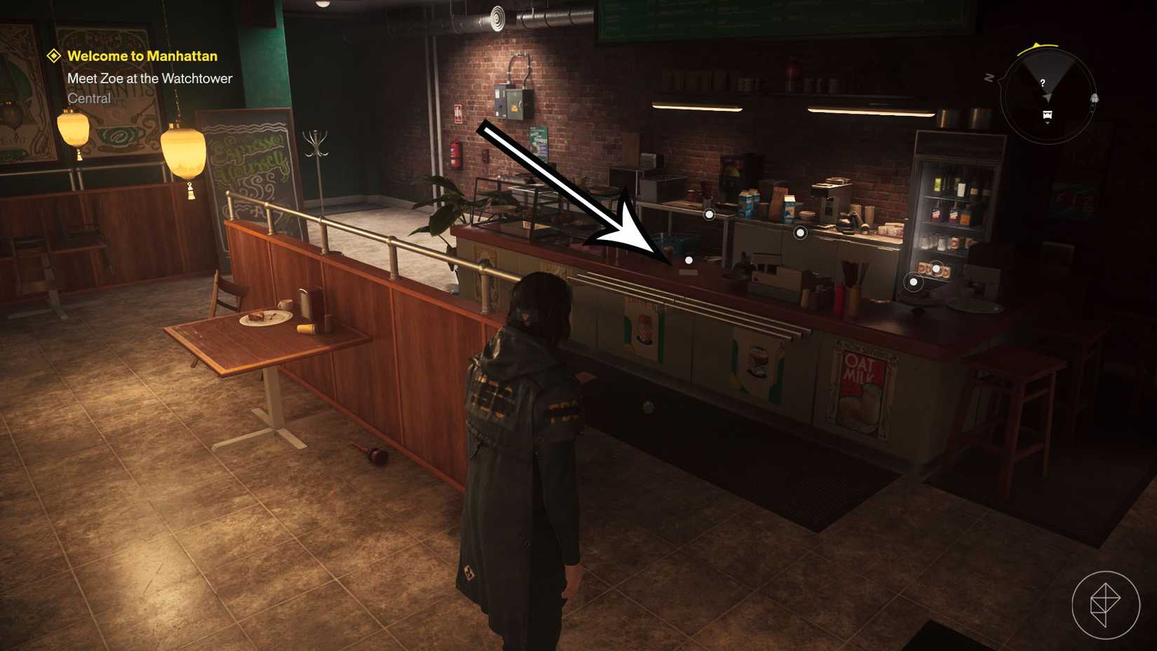 A Control Resonant screenshot showing the location of a note inside the Atlantis Coffee Shop