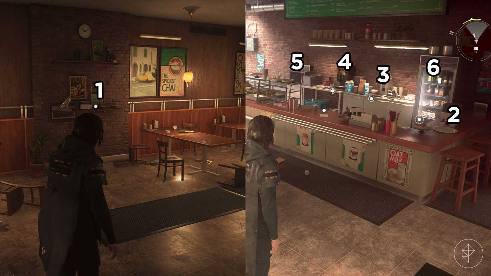 A montage using two Control Resonant images showing the order you should turn on the appliances in the Atlantis coffee shop