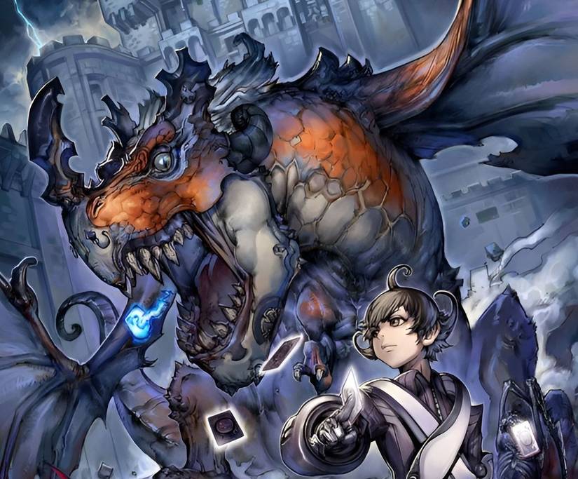 Culdcept Saga key art collage depicts a hero facing left as a giant monster roars