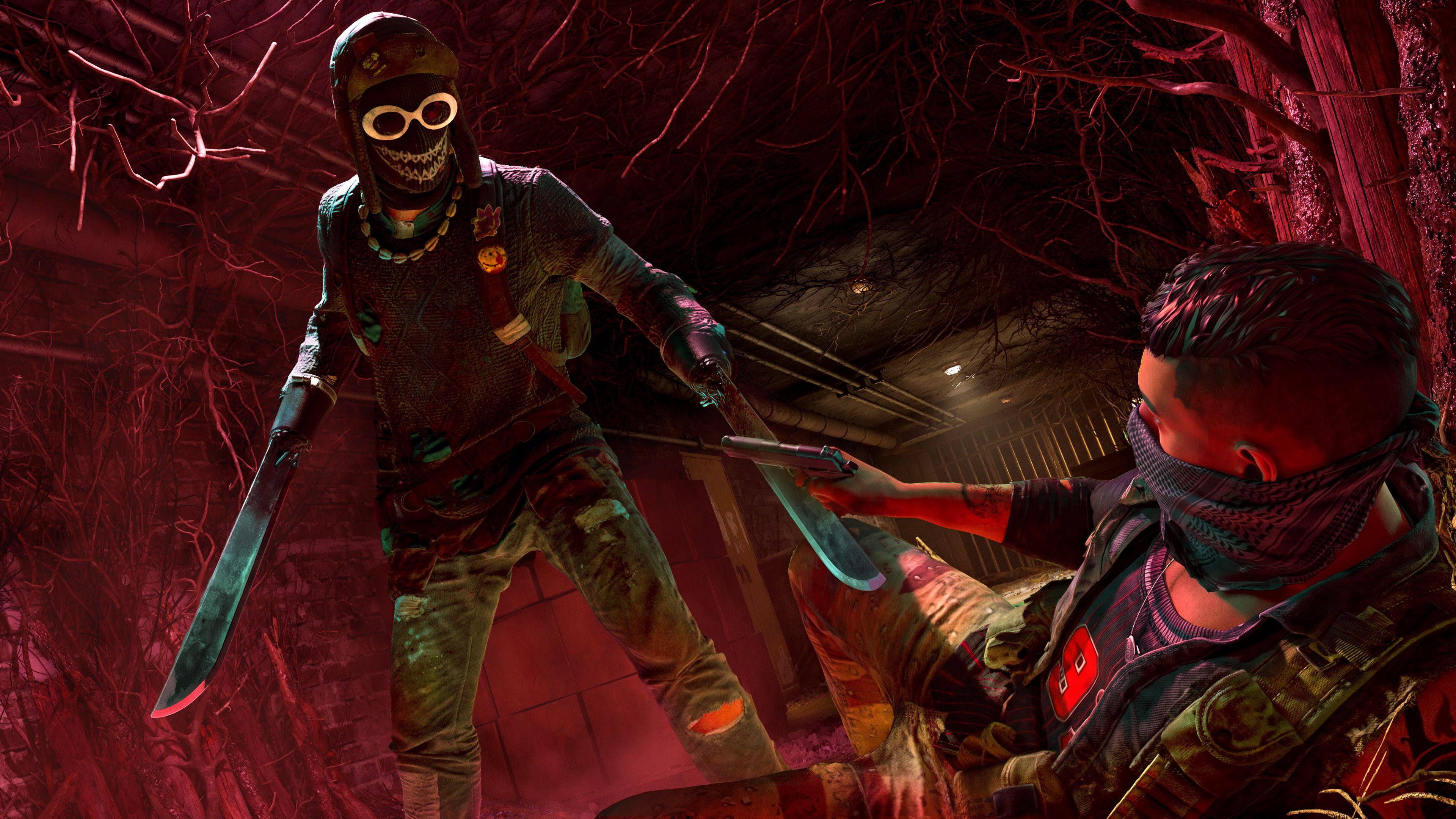 A player holding a pistol up at another player with machetes for arms in PUBG Dednet.