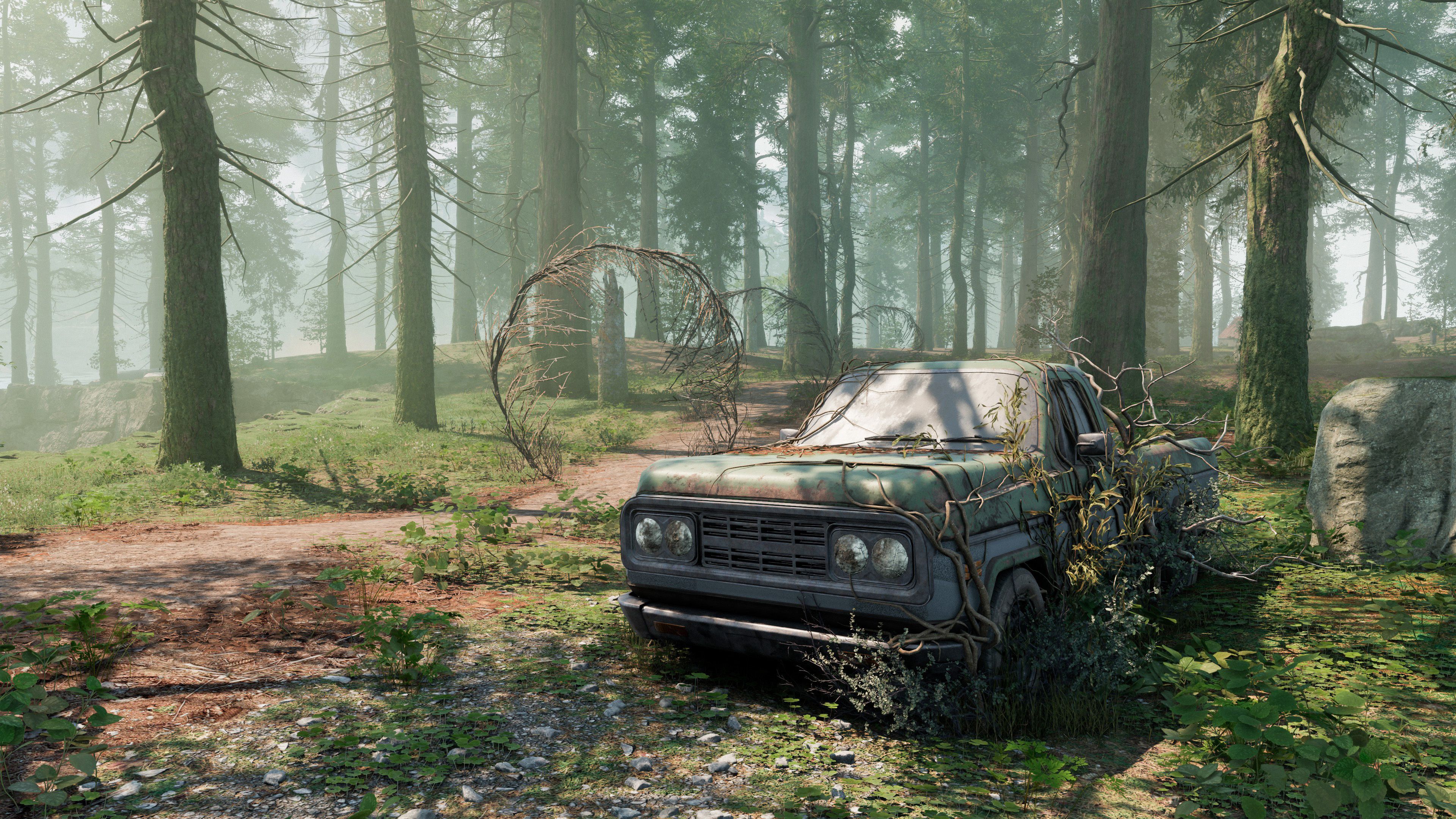 An abandoned car in a forest in PUBG Dednet.