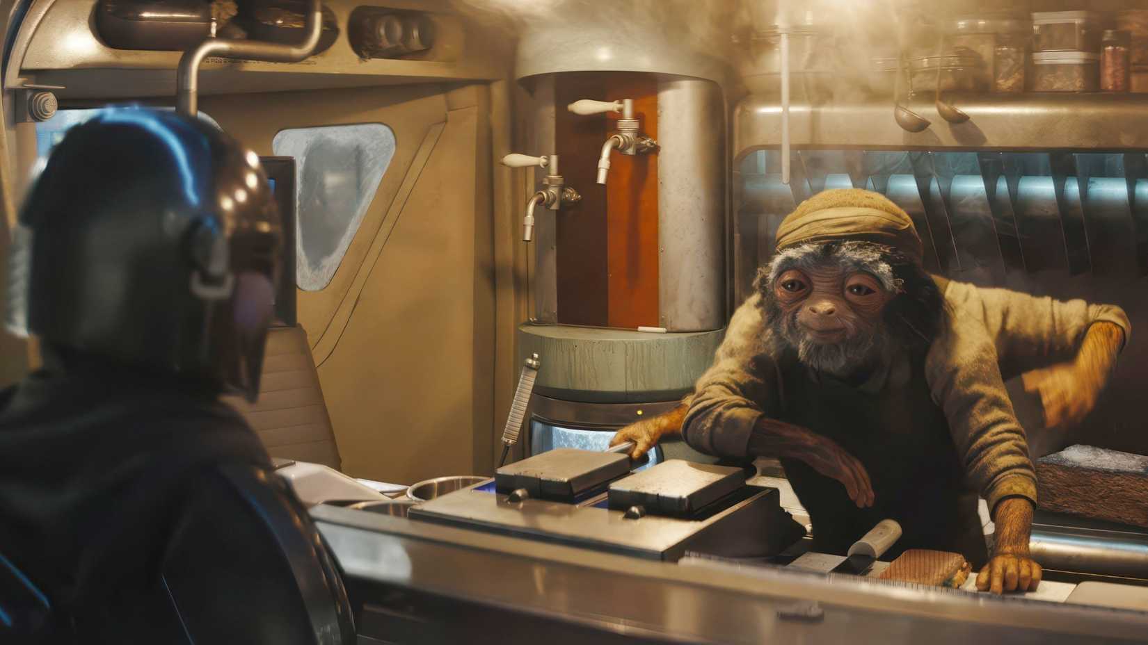Din Djarin speaks with Hugo Durant at his food truck in The Mandalorian and Grogu