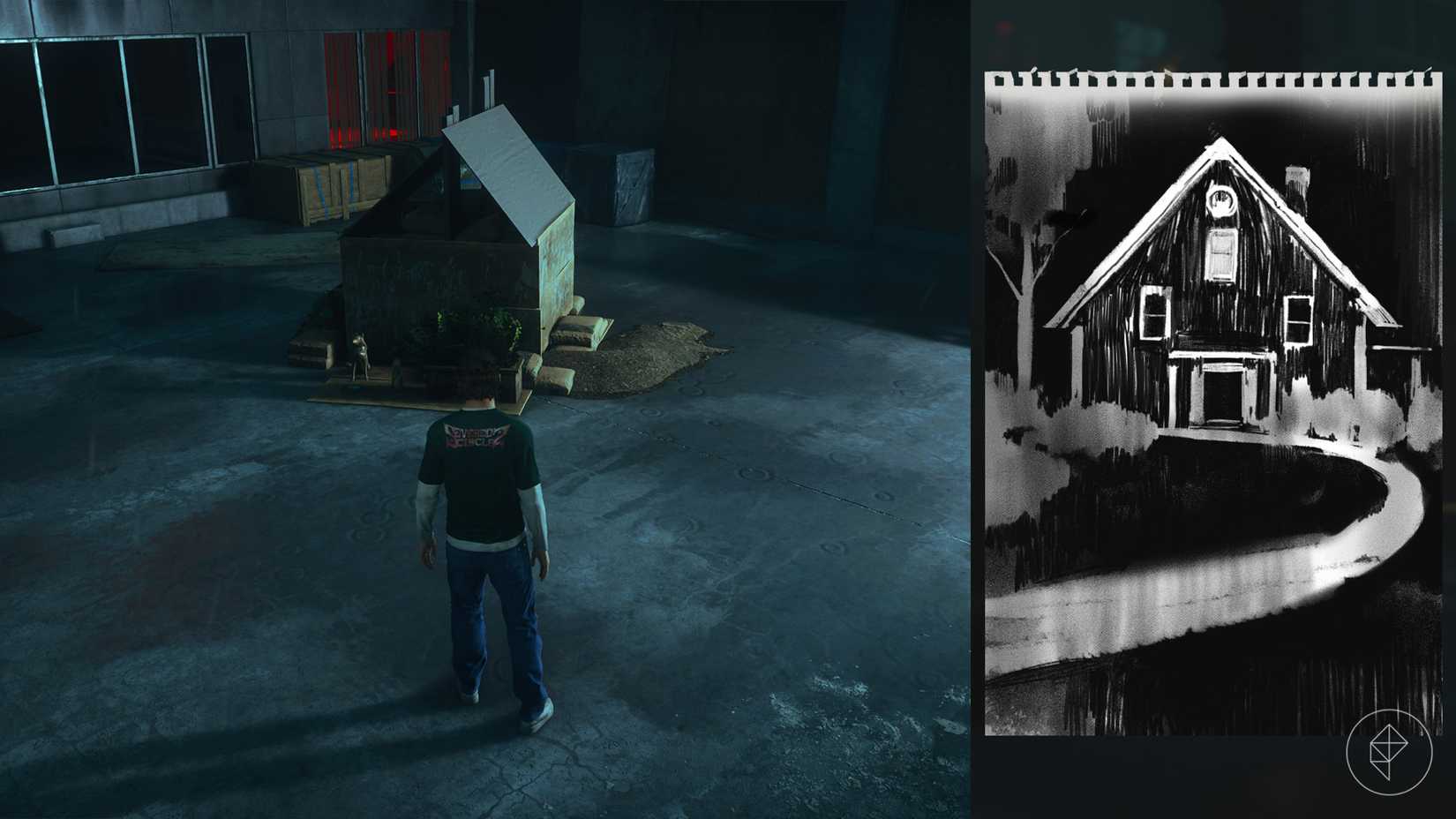 Dylan standing in front of a model home made out of construction materials in Control Resonant.