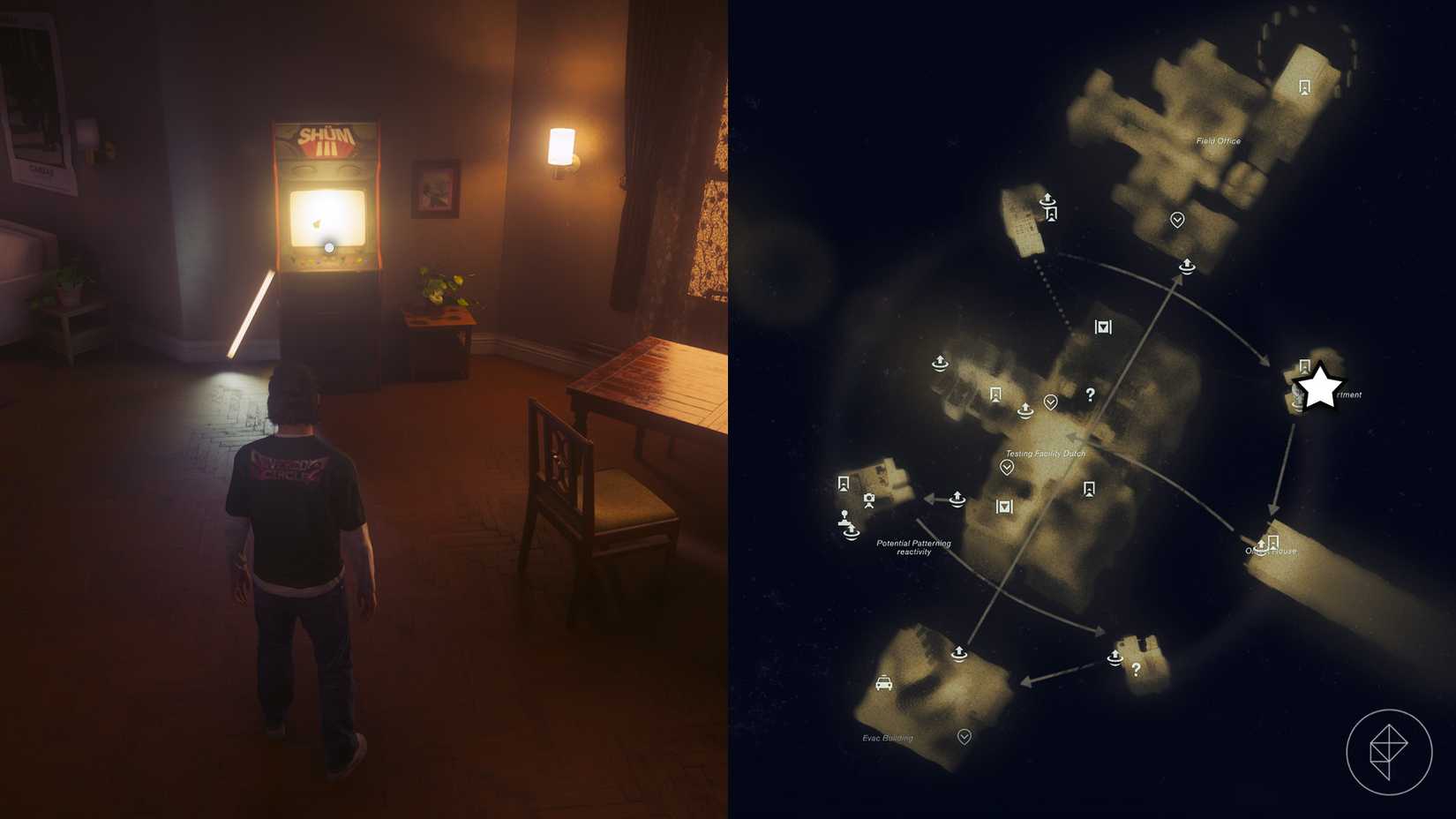 Dylan standing in front of an arcade machine in his apartment in Control Resonance.