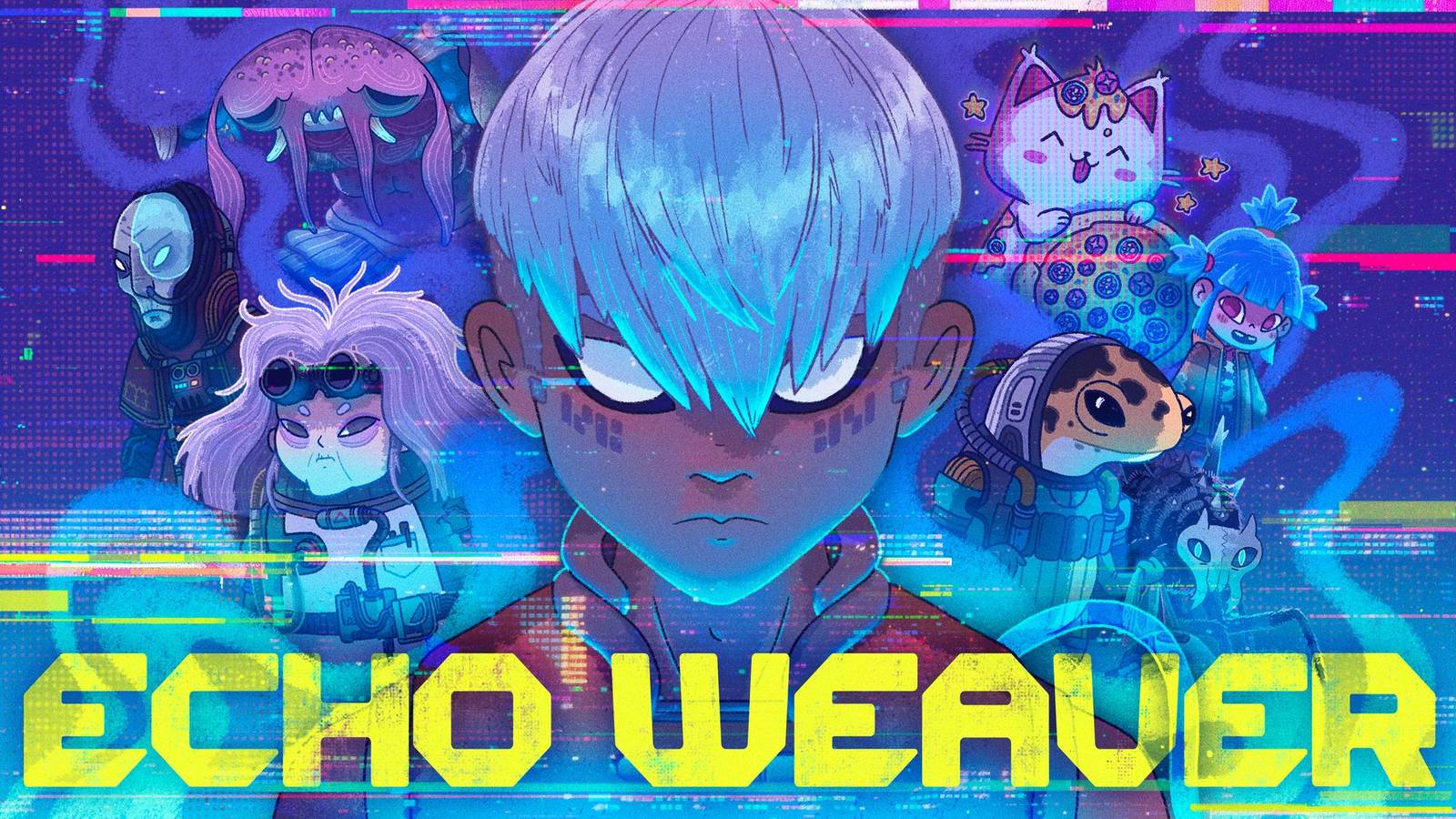 Echo Weaver key art features a yellow logo with a closeup of the hero glaring in the viewer's direction