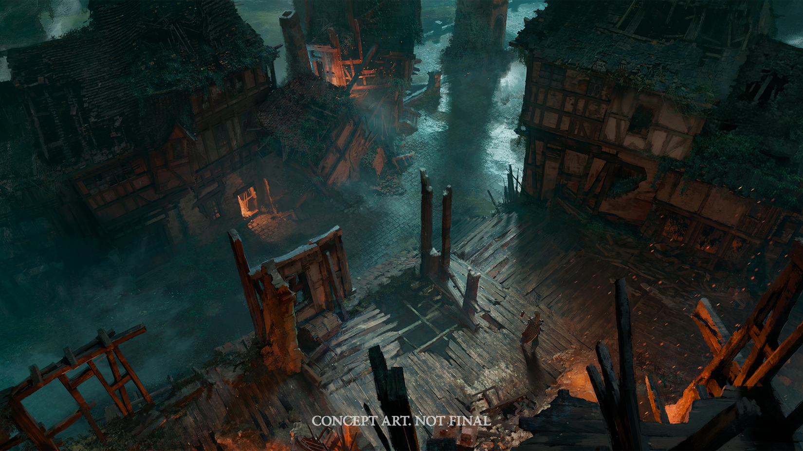 Concept art of a ruined village