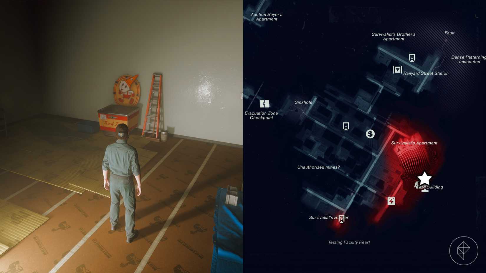 Dylan standing in front of an ice cream stand in the Evac Building in Control Resonant.