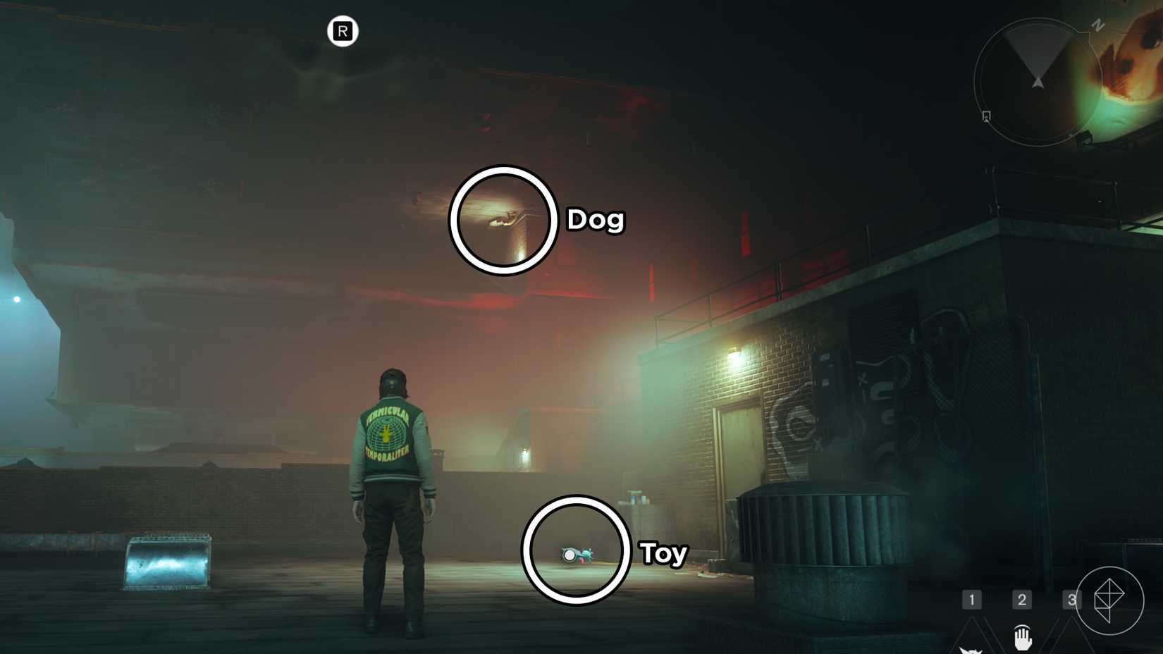 Dylan standing on a rooftop with a dog toy, but also underneath an upside down building with a dog in Control Resonant.