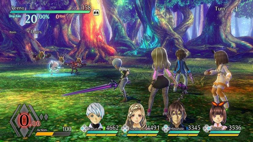 Exist Archive combat screenshot - Kanata, Suzaku, Mitsuhide, and Koharu face monsters in a forest