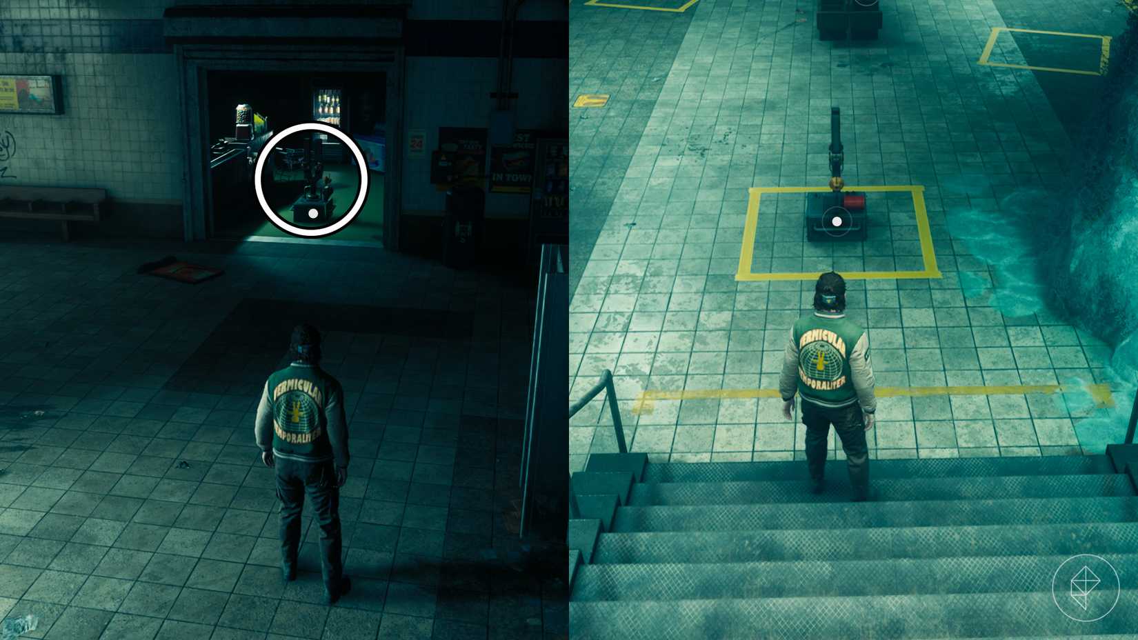 Dylan standing in front of a tuning fork in a store and at the bottom of the stairs in Control Resonant.