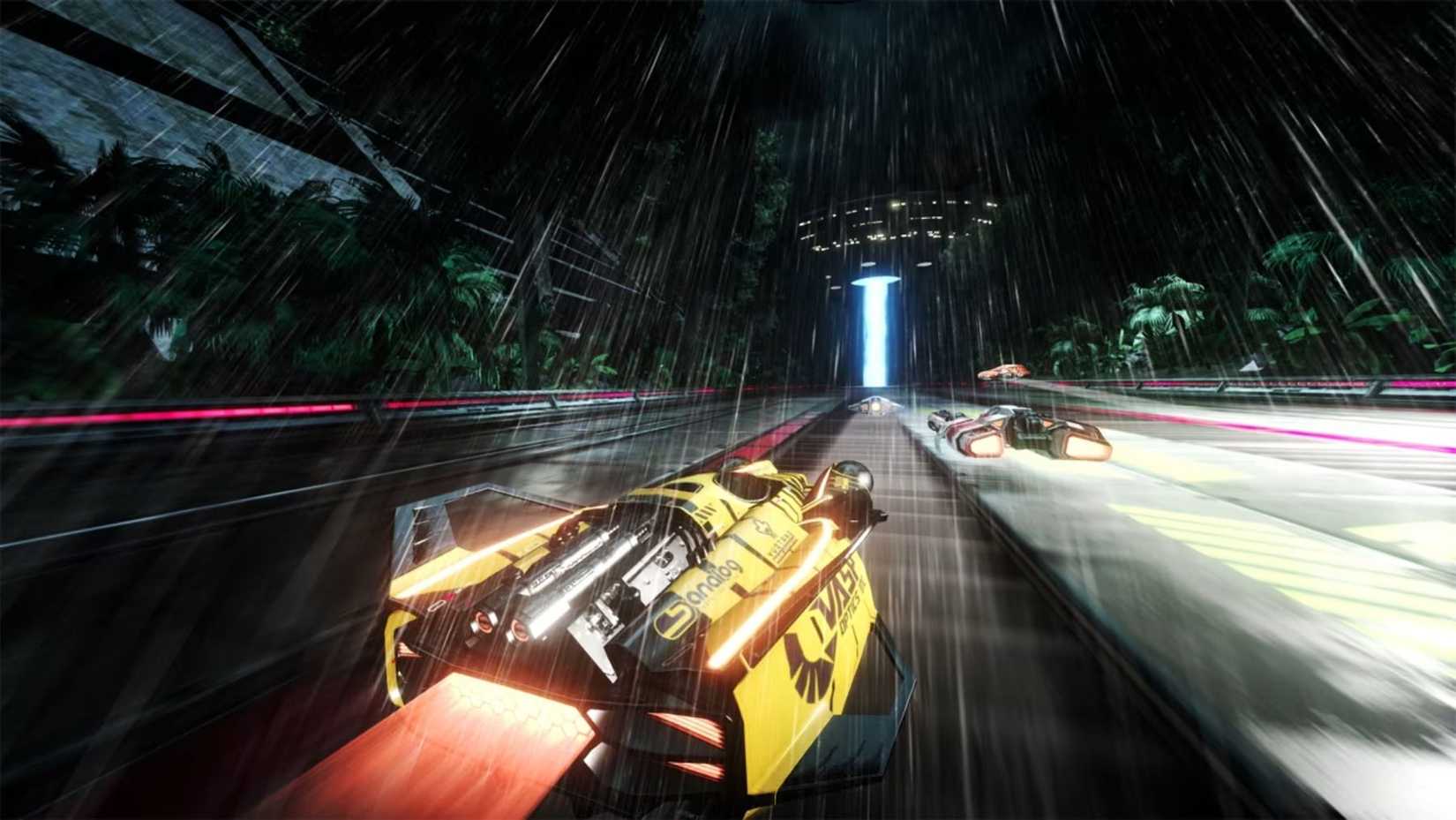 A yellow car races along a tree-lined track in Fast RMX