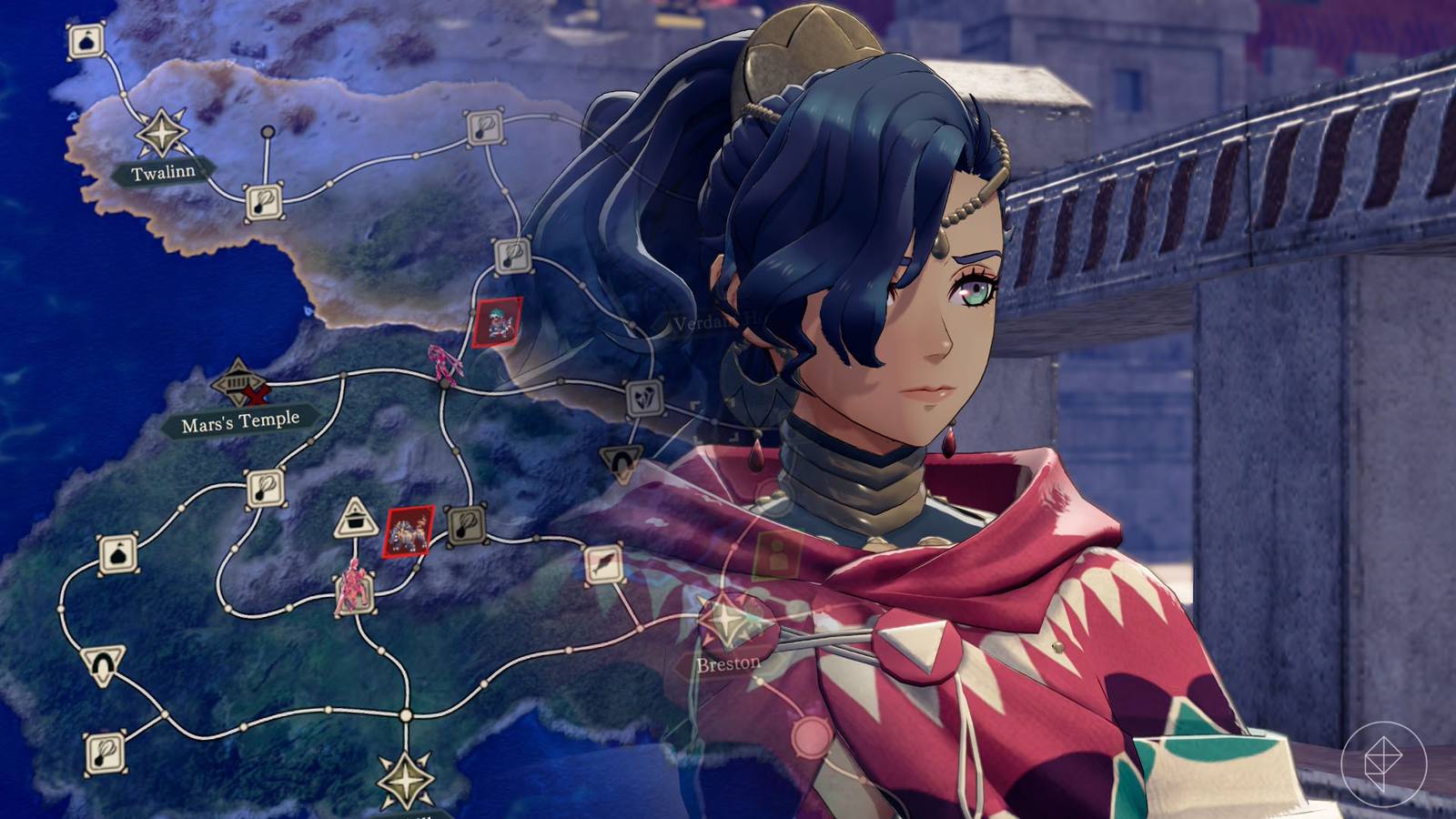 Карта игрового мира Fire Emblem: Fortune's Weave с отмеченными точками для сбора ресурсов