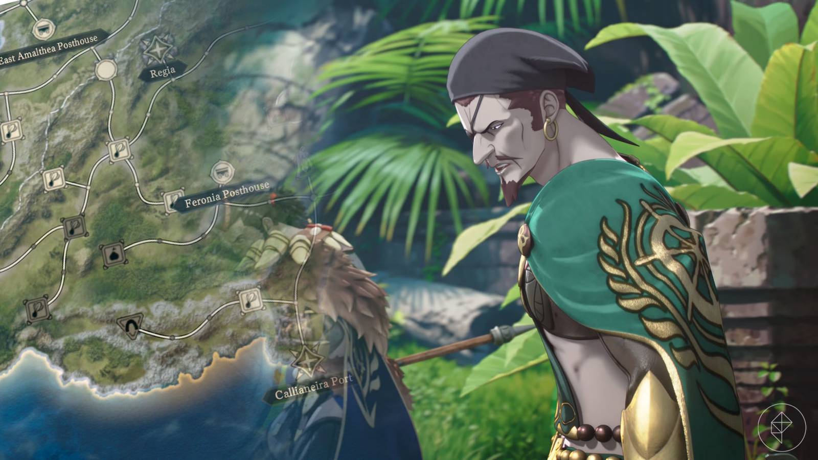 A montage using two Fire Emblem: Fortune's Weave images showing Bonaveture and the world map