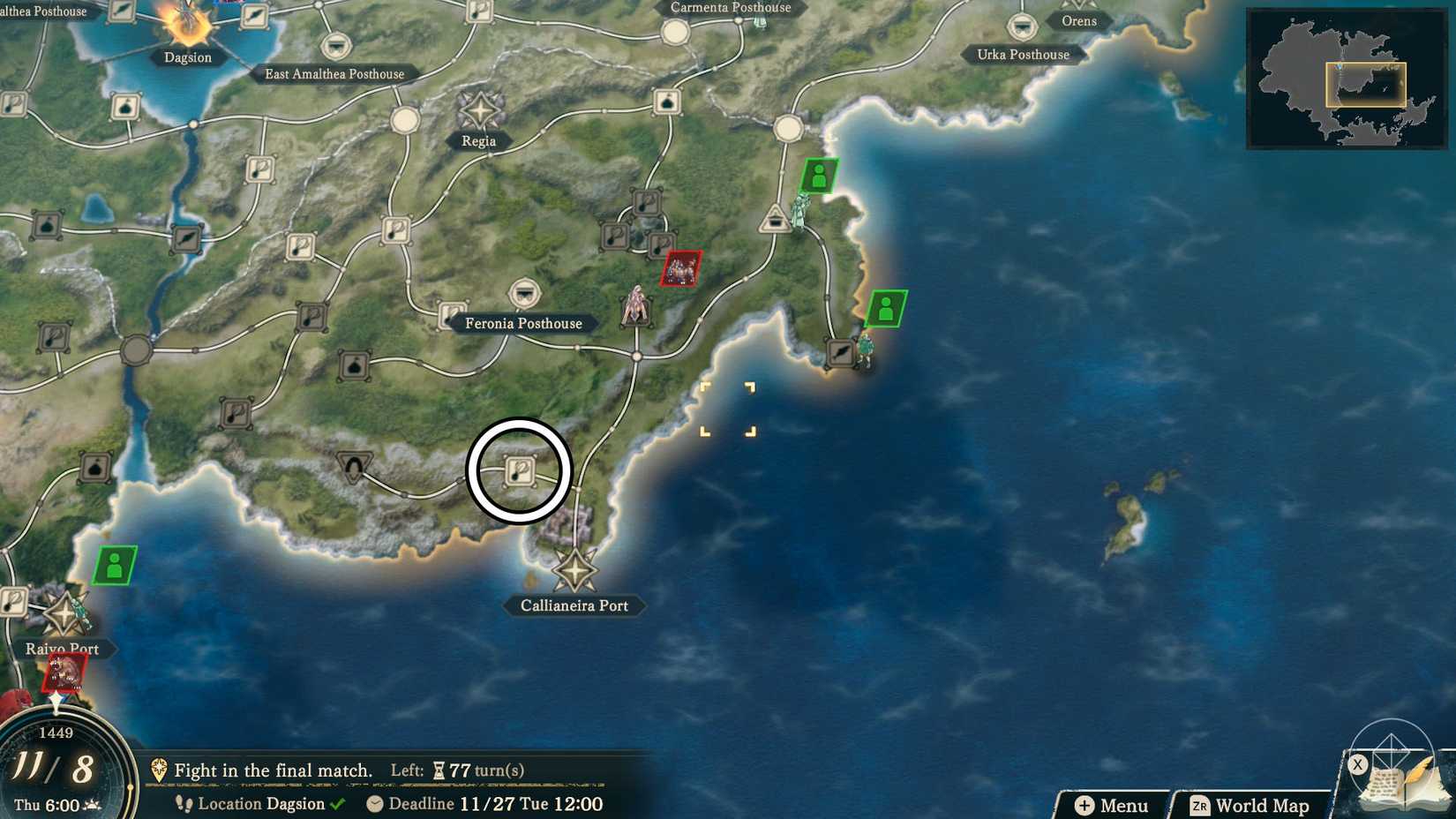 A Fire Emblem: Fortune's Weave screenshot showing the location of the Sunlit Garden node