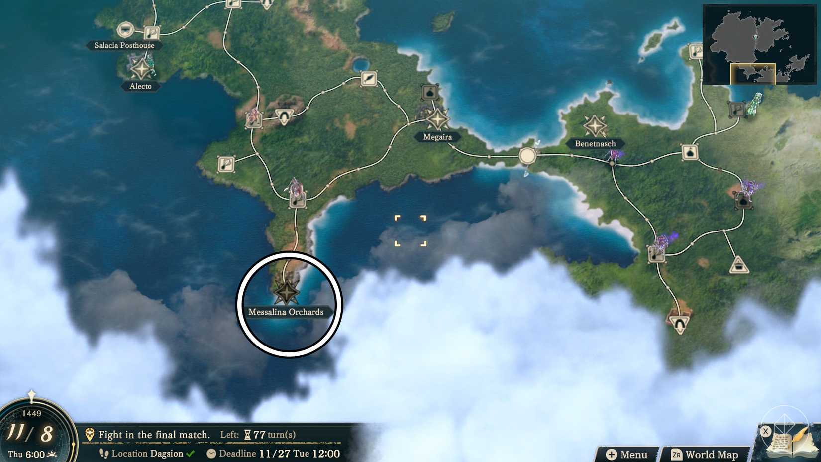 A Fire Emblem: Fortune's Weave screenshot showing on the map the Messalien Orchards location