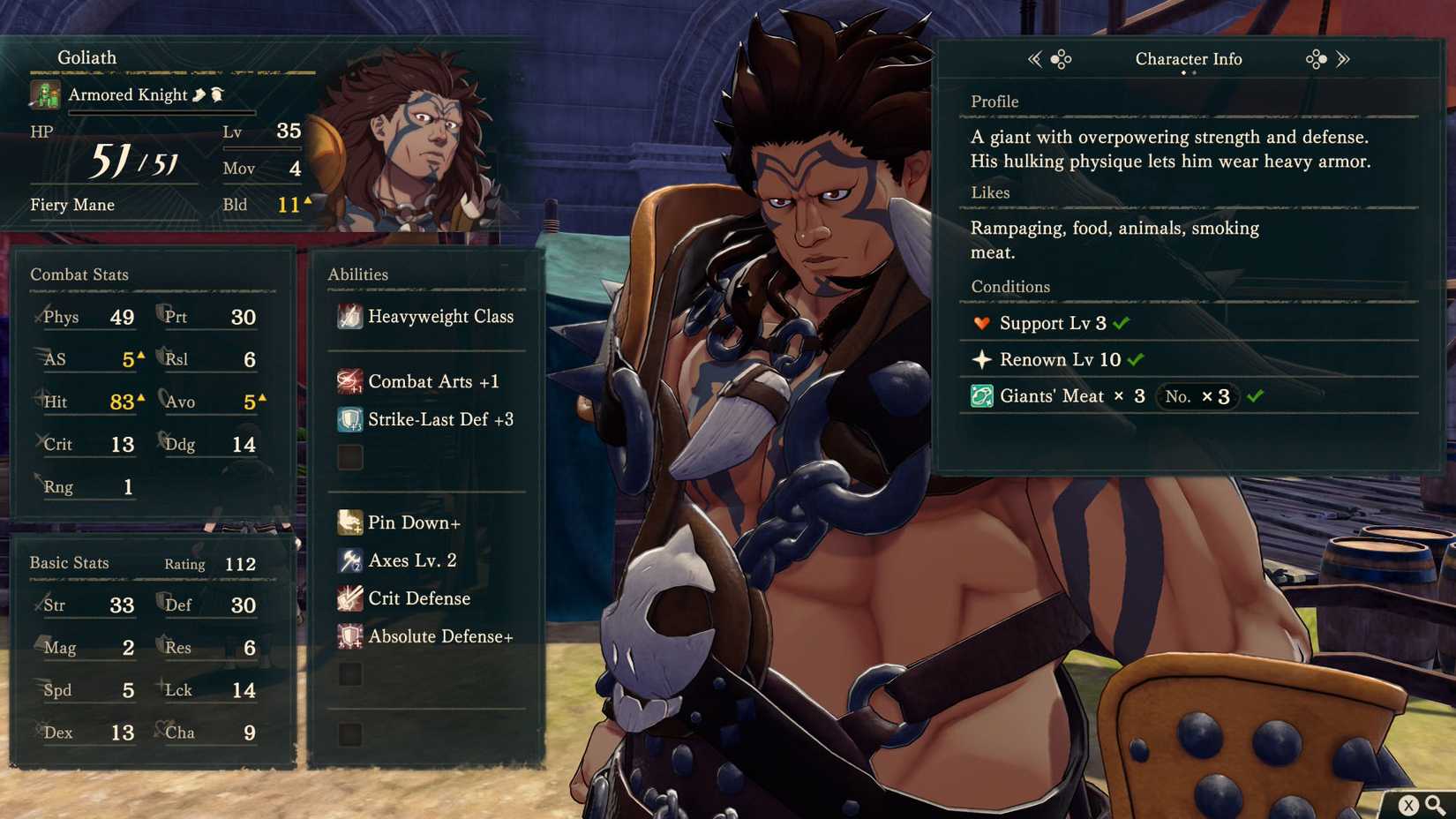 A Fire Emblem: Fortune's Weave screenshot showing Goliath's description