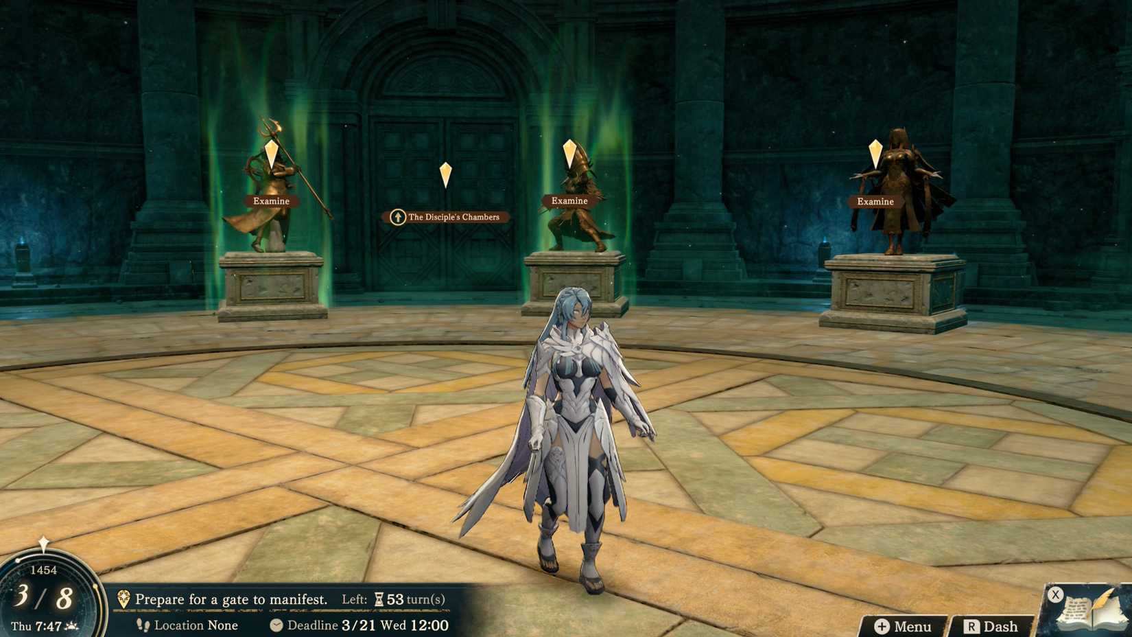 A Fire Emblem: Fortune's Weave screenshot showing the main hub in the Temple of the Diadem