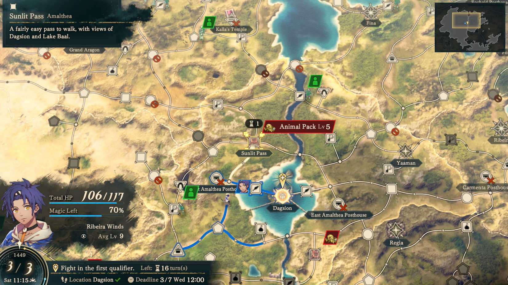  Fortune's Weave screenshot showing the world map and a node with a level 5 animal pack