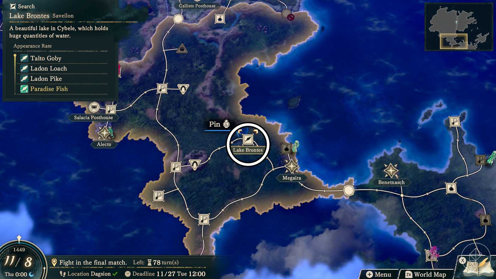  Fortune's Weave screenshot showing the location of Lake Brontes, where you can find paradise fish
