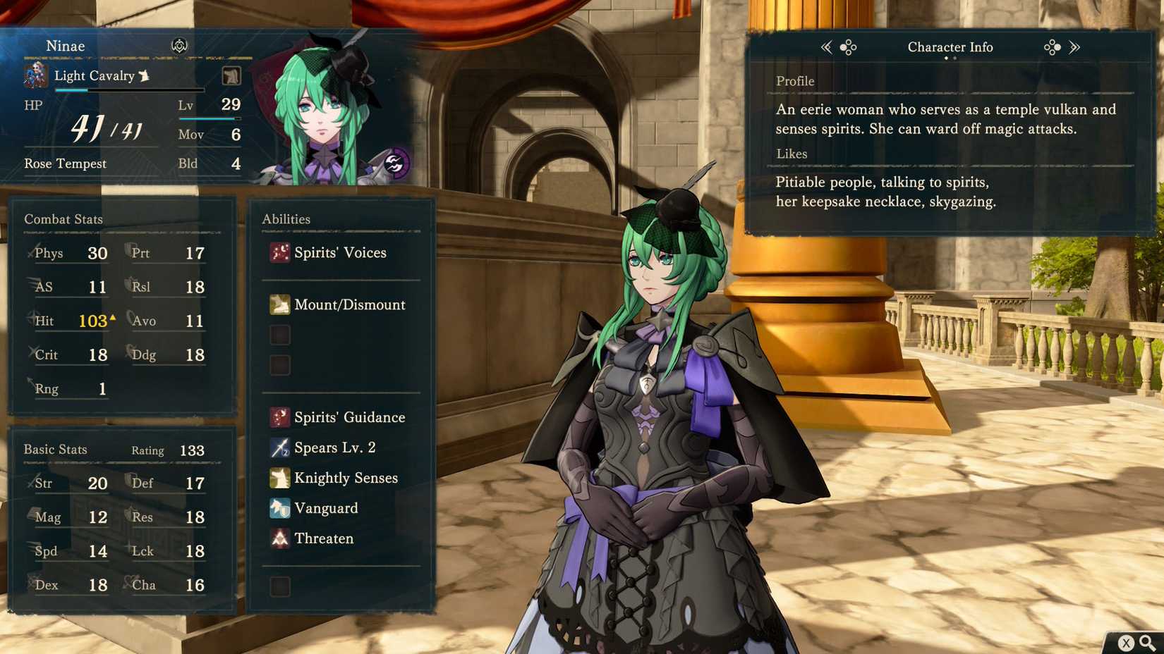  Fortune's Weave screenshot showing Ninae's character stats and description