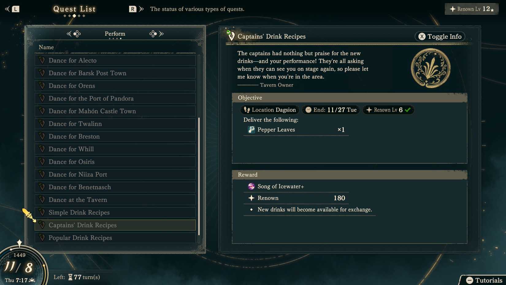A Fire Emblem: Fortune's Weave screenshot showing the "Captains' Drink Recipes" perform mission description
