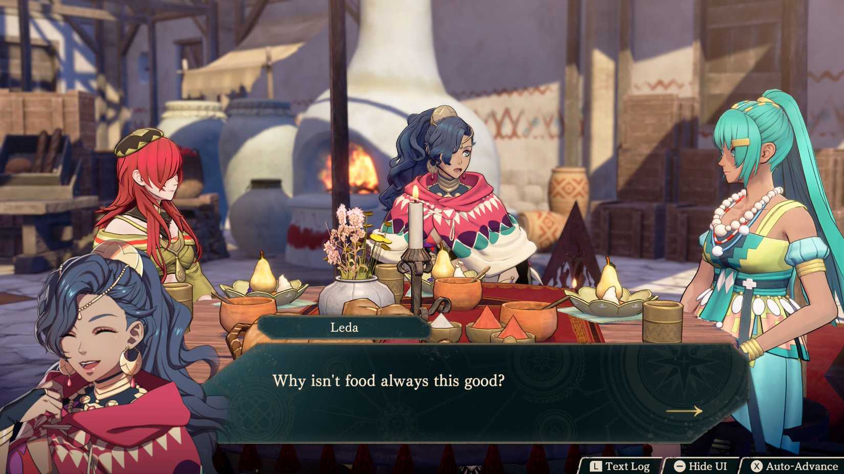 A Fire Emblem: Fortune's Weave screenshot showing Leda, Esmeralda, and Dante having a meal