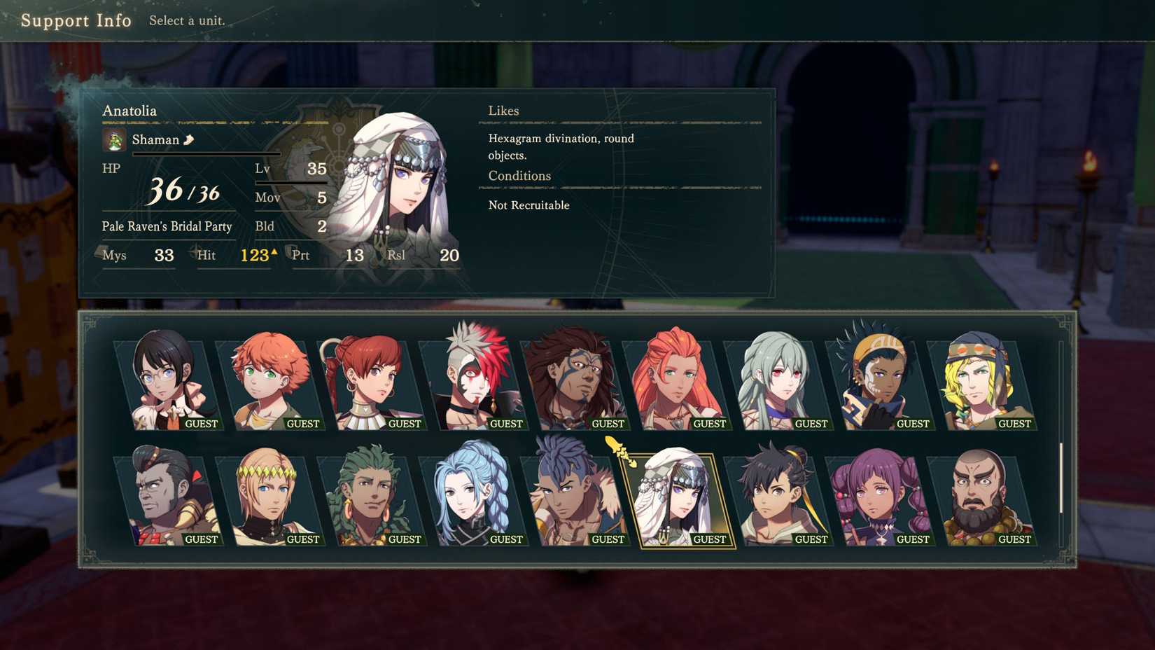 A Fire Emblem: Fortune's Weave screenshot showing a list of characters