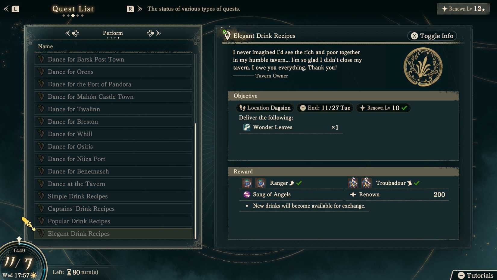 A Fire Emblem: Fortune's Weave screenshot showing the "Elegant Drink Recipes" quest description