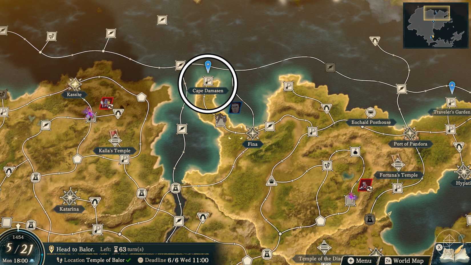 A Fire Emblem: Fortune's Weave screenshot showing Cape Damaise's location