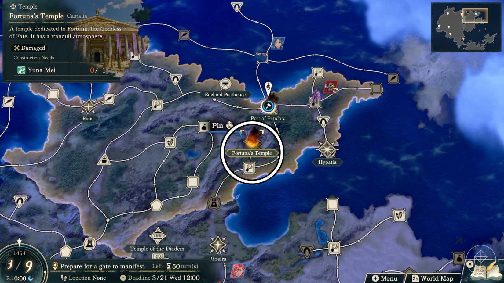A Fire Emblem: Fortune's Weave screenshot showing the location of Fortuna's Temple