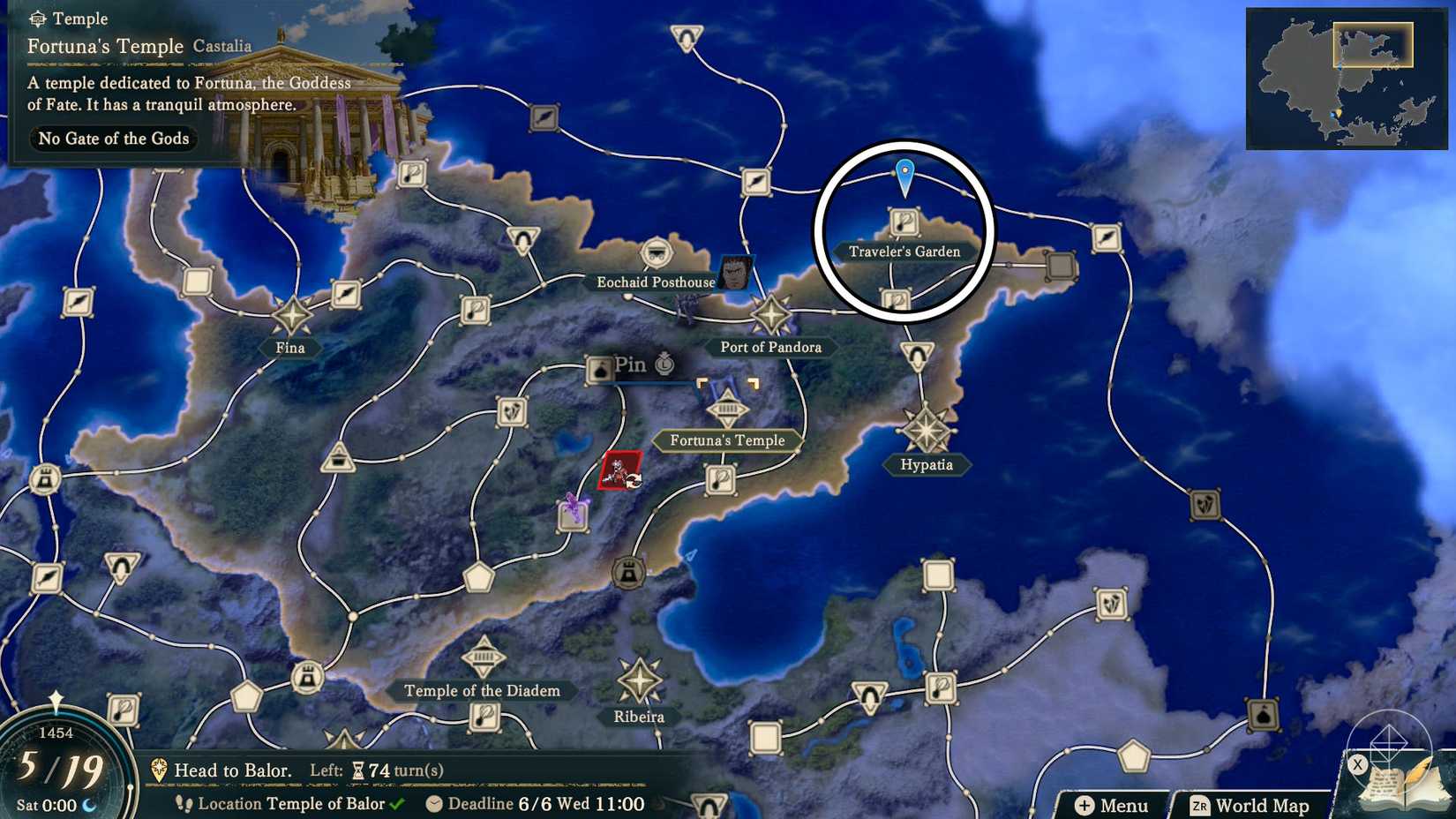 A Fire Emblem: Fortune's Weave screenshot showing the location of the Traveler's Garden node