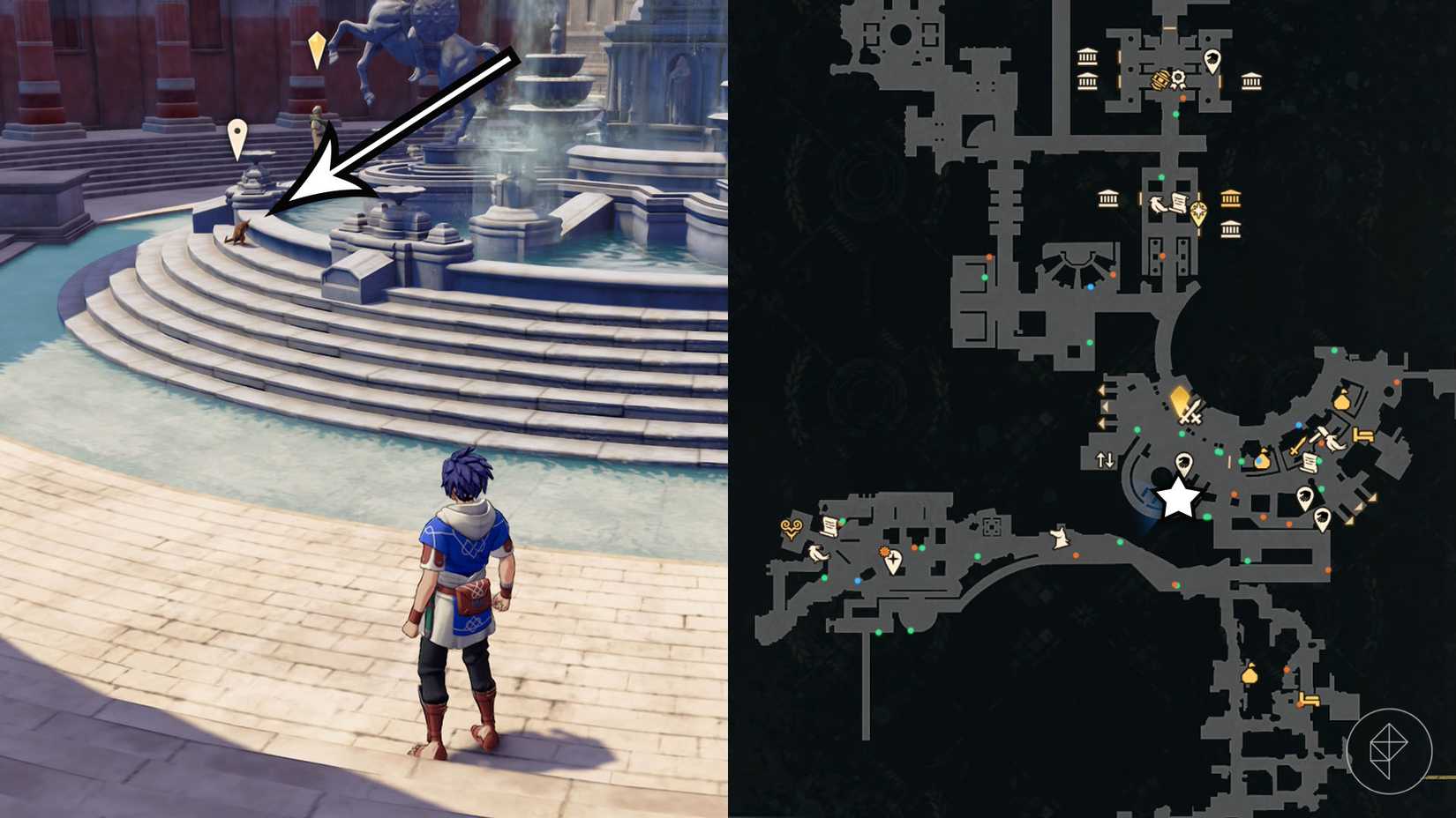  Fortune's Weave showing the location of the cat from the "Lost Temple Cat" mision