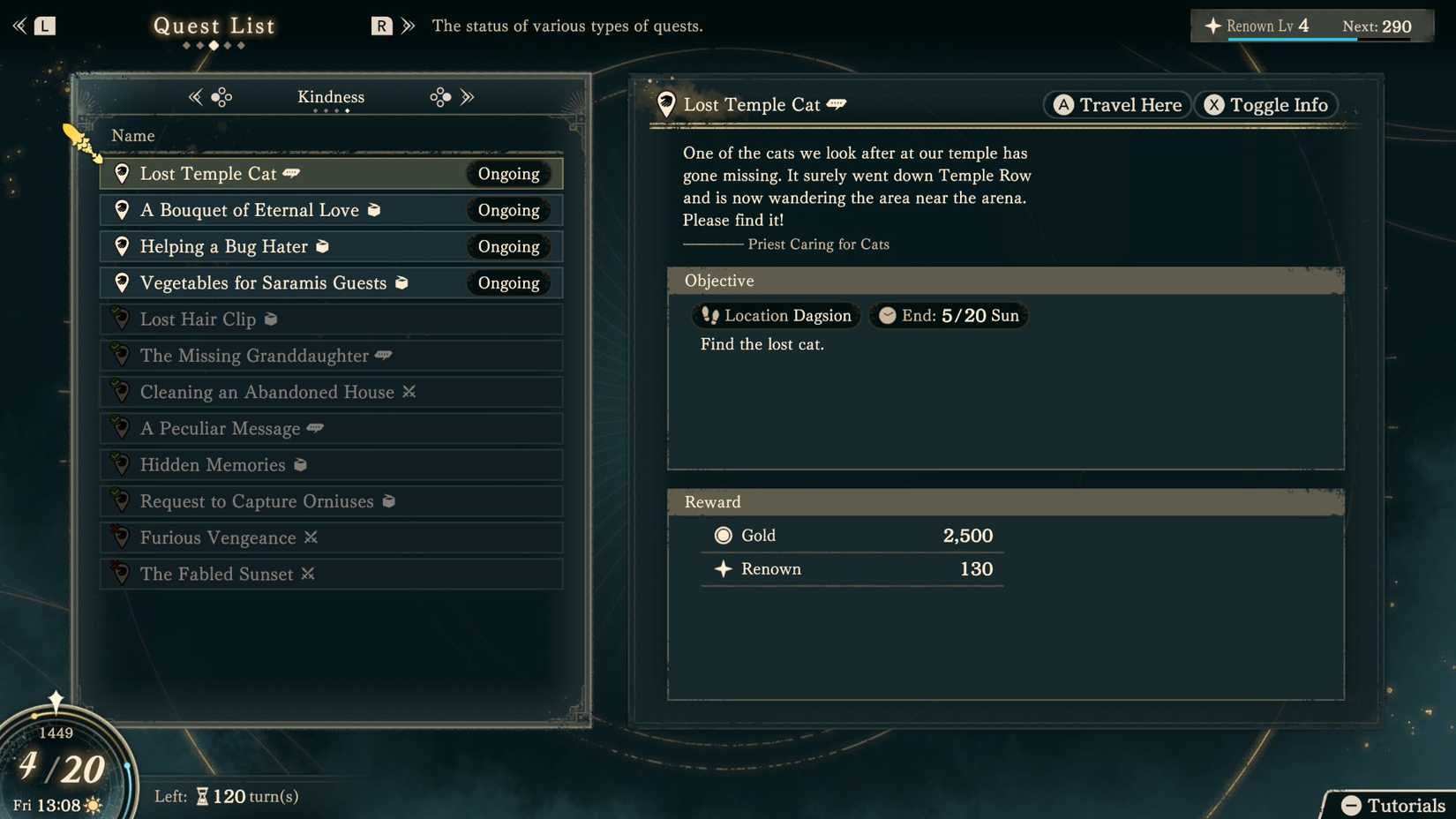  Fortune's Weave screenshot showing the "Lost Temple Cat" quest description