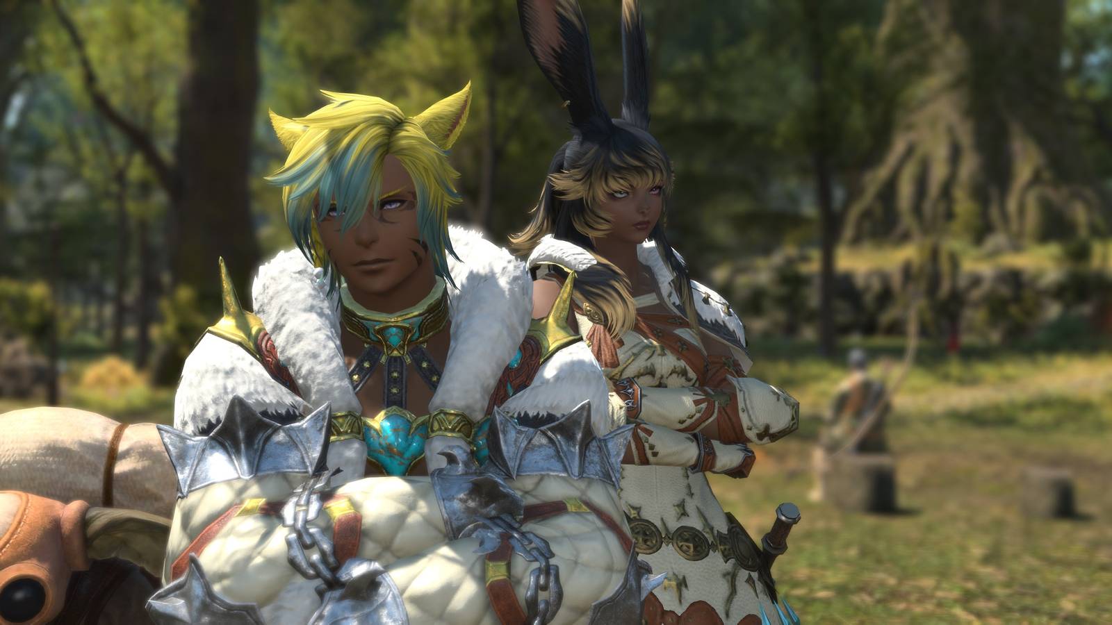 A yellow and teal haired Miqo'te in Beastmaster attire with a Viera behind him in FFXIV