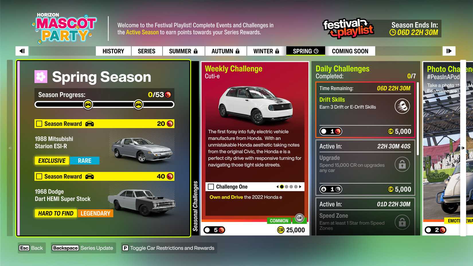 A Forza Horizon 6 screenshot showing all challenges and rewards from the Series 4 spring week
