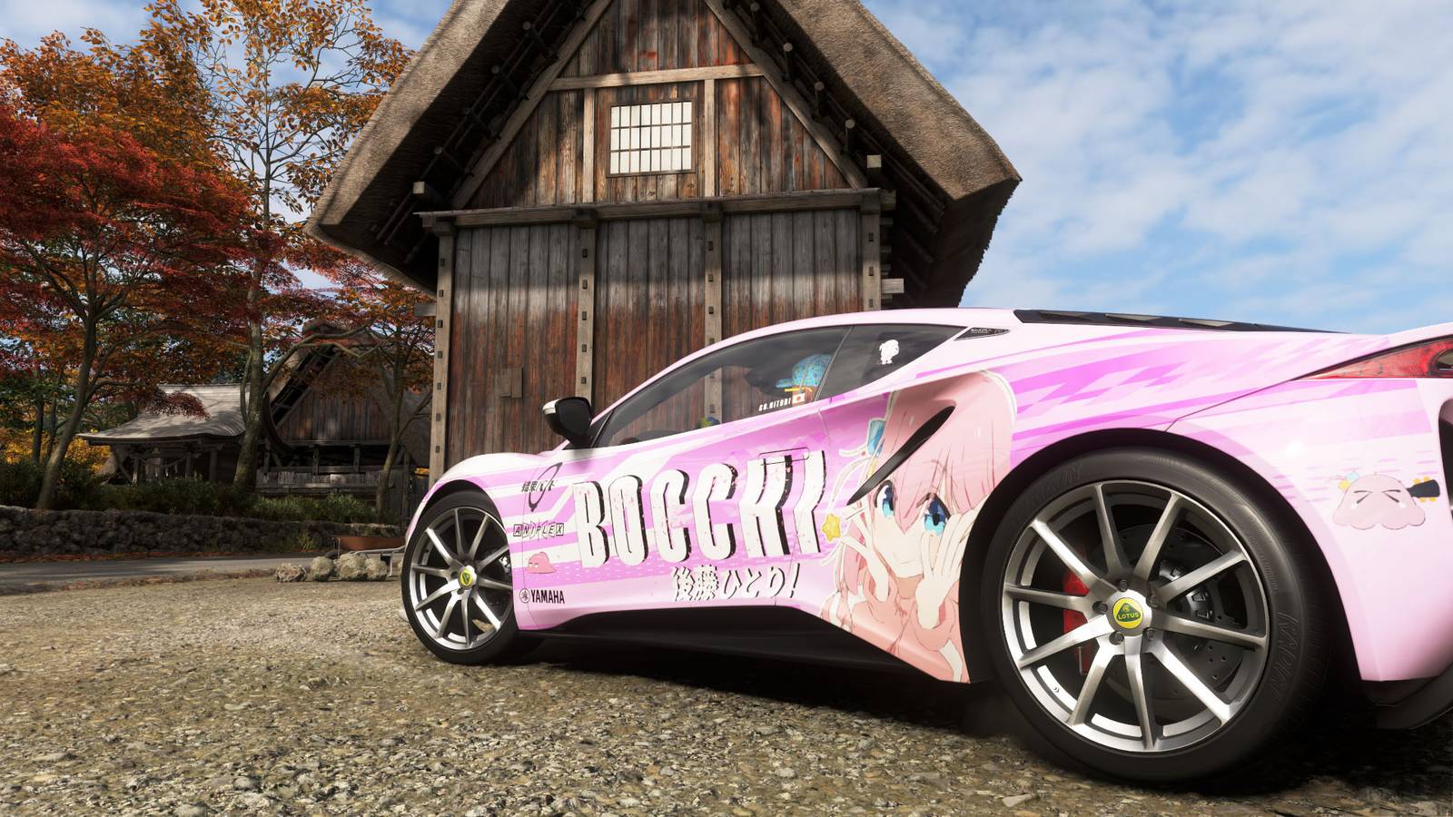 A Forza Horizon 6 screenshot showing a Lotus in Shirakawa-go