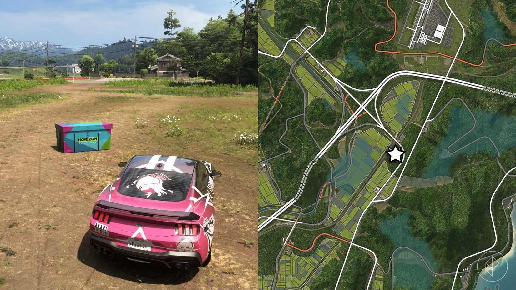 A montage with two Forza Horizon 6 pictures showing the location of the Series 5 Ito region treasure hunt