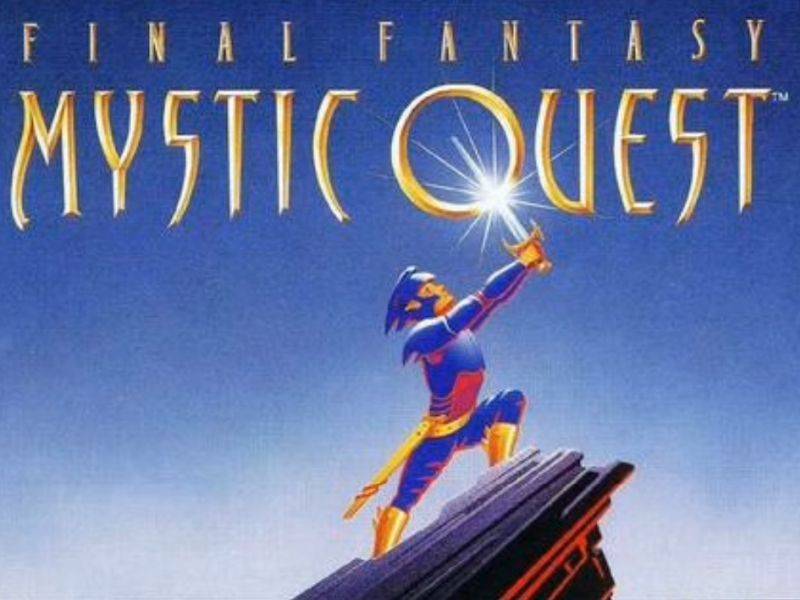 Final Fantasy Mystic Quest cropped cover art shows a hero standing on a precipice and holding a glowing sword up to the game's logo