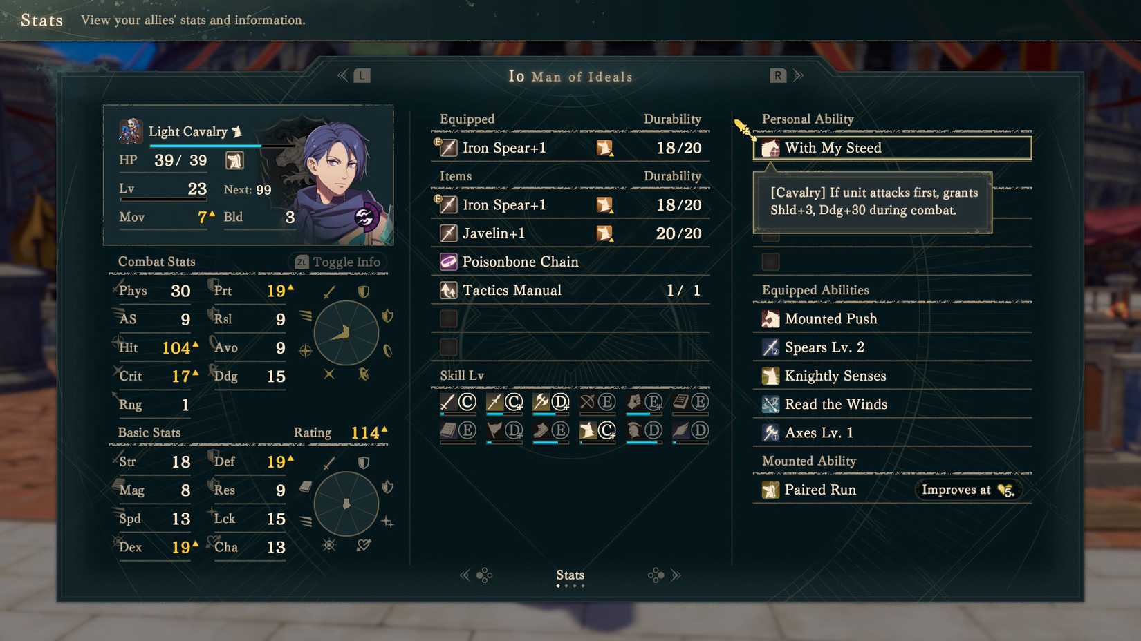 Io's character sheet in Fire Emblem Fortune's Weave