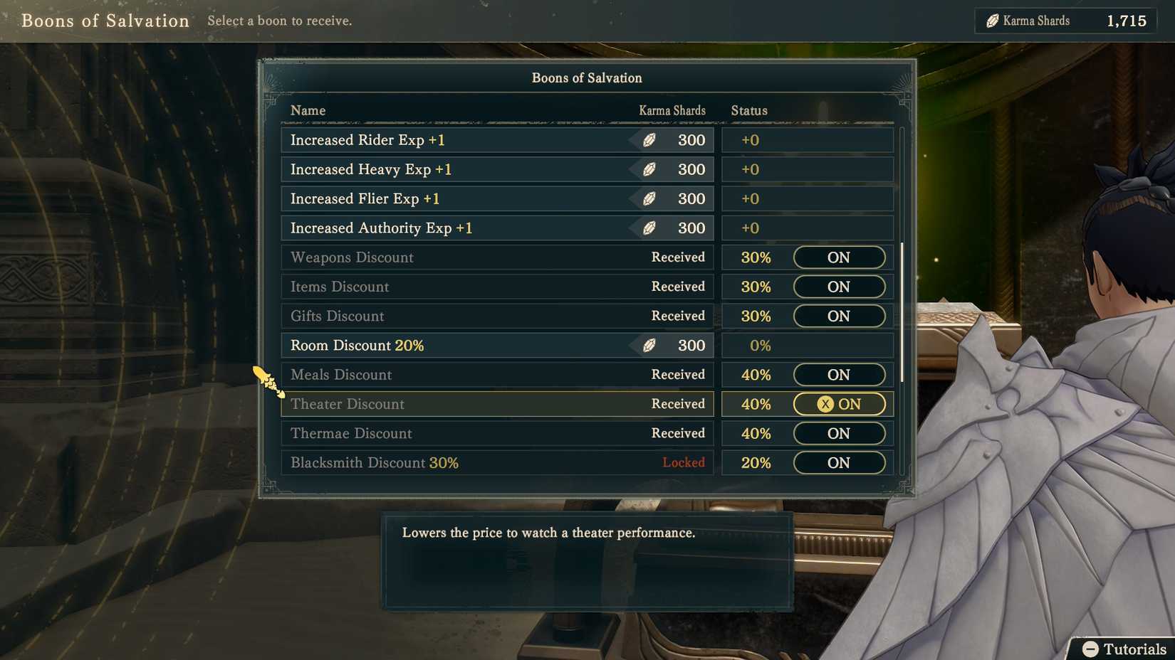 The Boons of Salvation menu in Fire Emblem Fortune's Weave