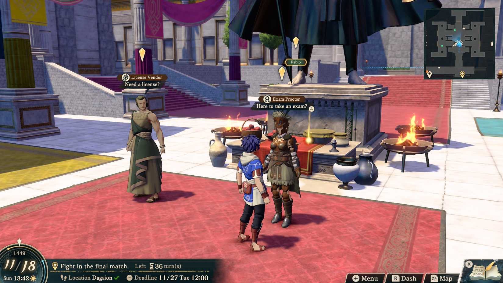 Cai in front of the exam proctor in Fire Emblem: Fortune's Weave