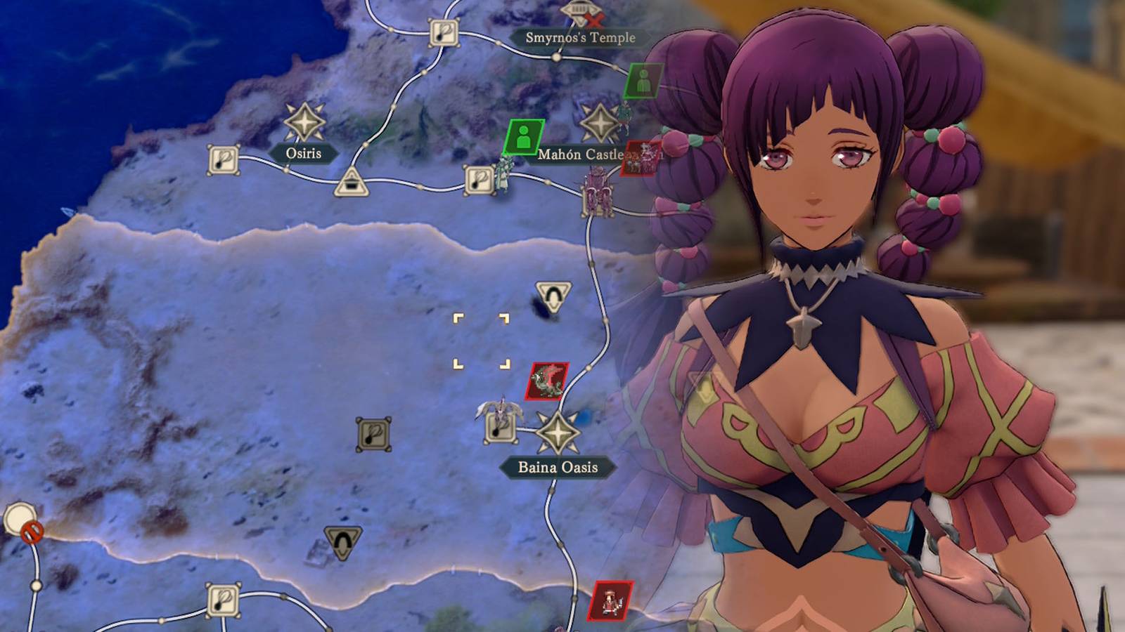 Halvin in Fire Emblem Fortune's Weave, superimposed on a map of the desert